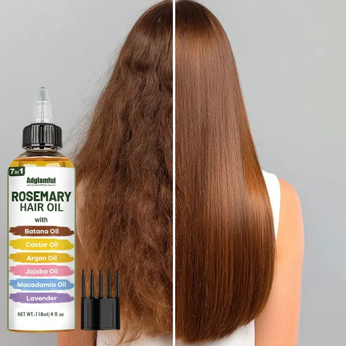 Adglamful Huile capillaire au romarin 7 en 1 118 ml – Huile capillaire sans rinçage + ensemble de pe