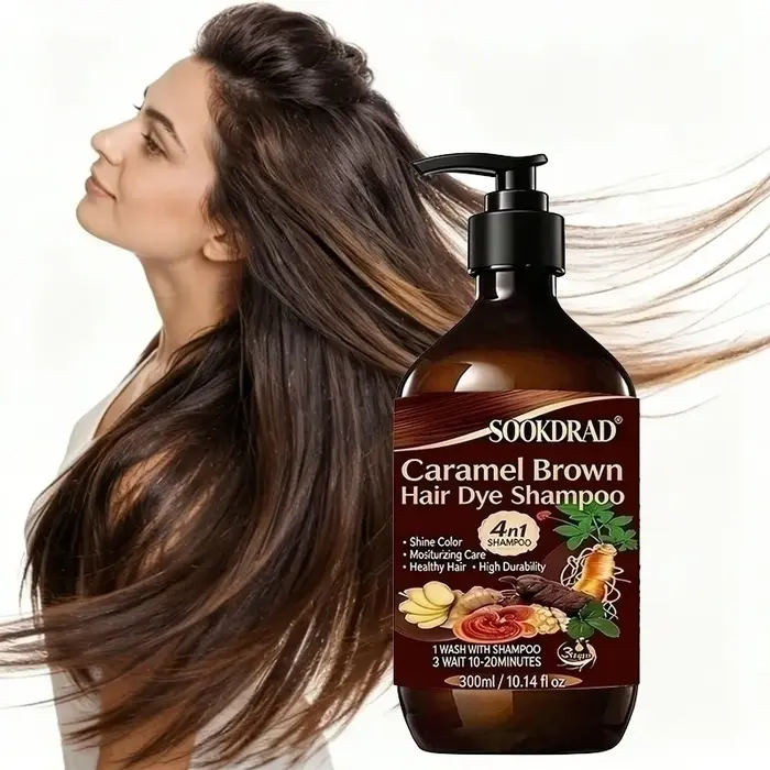 Shampoo colorant brun caramel, 4-en-1 nourrissant, coloration rapide, pour tous types de cheveux