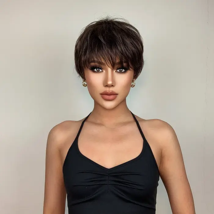 Perruques pour femmes fibre synthétique courte droite bandeau de cheveux frange noir brun cheveux co