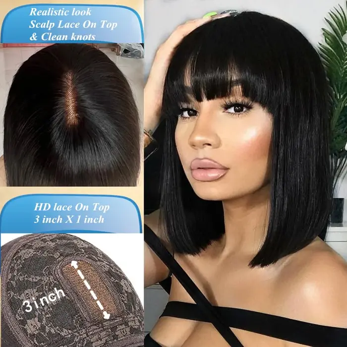 WiggKnitting-Perruque Bob Lace Wig avec Frange, Cheveux Naturels Lisses, Faite à la Machine, Partie