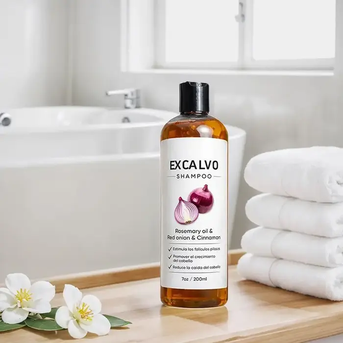 EXCALVO Shampoing Oignon & Romarin 200ml – Formule Oignon Rouge & Cannelle, Stimule les follicules pileux, Réduit la chute des cheveux, Épaissit les cheveux