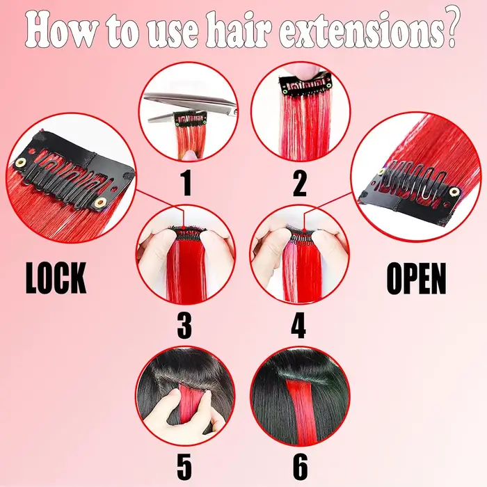 6/12 pièces Extensions de cheveux pince, 22 pouces Extensions de cheveux colorés reflets de fête pos