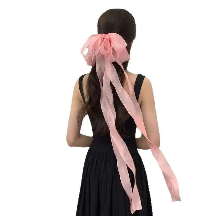 Barrette à cheveux extra-longue avec nœud en pompon, style ballerine française, avec clip supérieur et pince à ressort en ruban pour l'arrière de la tête