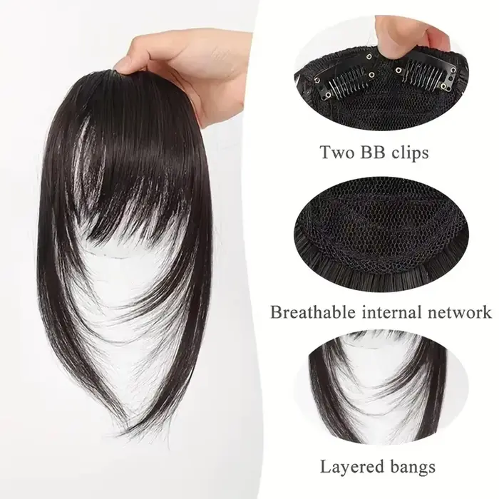 Extensions de cheveux synthétiques droites pour femmes avec frange superposée frange latérale postic