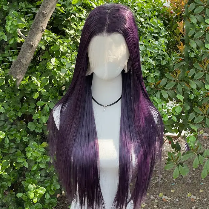 Perruque Lace Front Wig synthétique violet foncé 13x4, perruque Lace Front Wig longue et lisse de 26