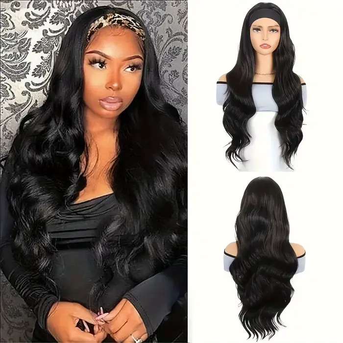 28 pouces bandeau perruque noir résistant à la chaleur cheveux synthétiques femmes