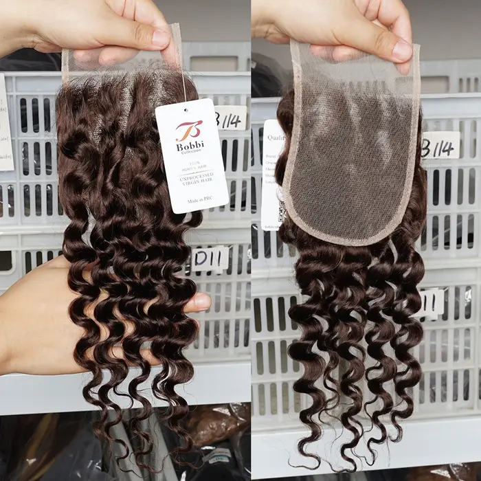 Perruque 100% Cheveux Humains Bruns, Fermeture en Dentelle 4x4, Frontale, Ondulée Profonde, Dentelle