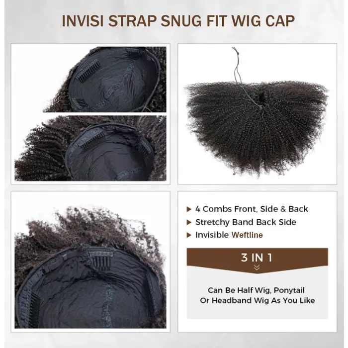 Tuneful court naturel crépus bouclés 3 en 1 demi-perruques cheveux humains pour les femmes (peut êtr