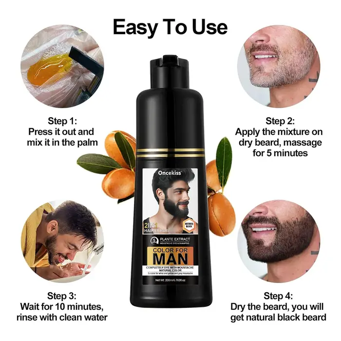 Shampoo colorant pour barbe naturel et permanent longue durée 200 ml pour hommes