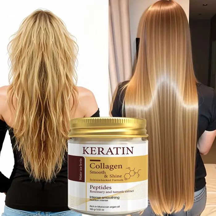 Masque capillaire à la kératine et au collagène avec peptides et romarin - Lissage intense et brillance pour tous types de cheveux - Traitement revitalisant en profondeur