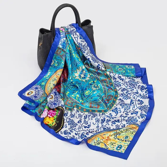 Foulard carré en soie pour femmes, marque de luxe, imprimé en Satin, Hijab, paréo, Bandana, châle, b