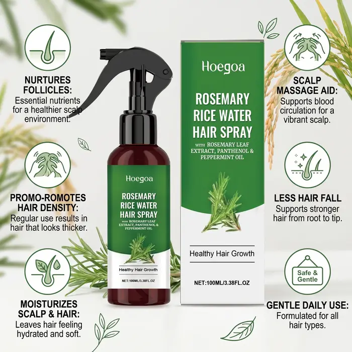 Spray capillaire à l'eau de riz et au romarin pour cheveux secs et crépus
