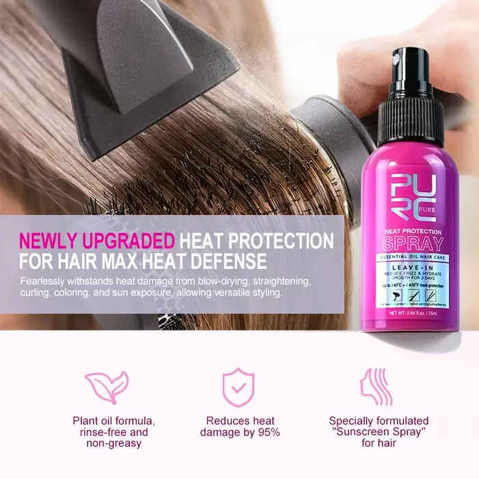 PURC Spray protecteur thermique huile de noix de coco contrôle des frisottis et brillance pour tous les types de