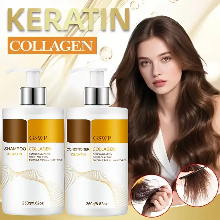 Shampooing et après-shampoing au collagène et à la kératine GSWP, format grand, contient de l'huile 