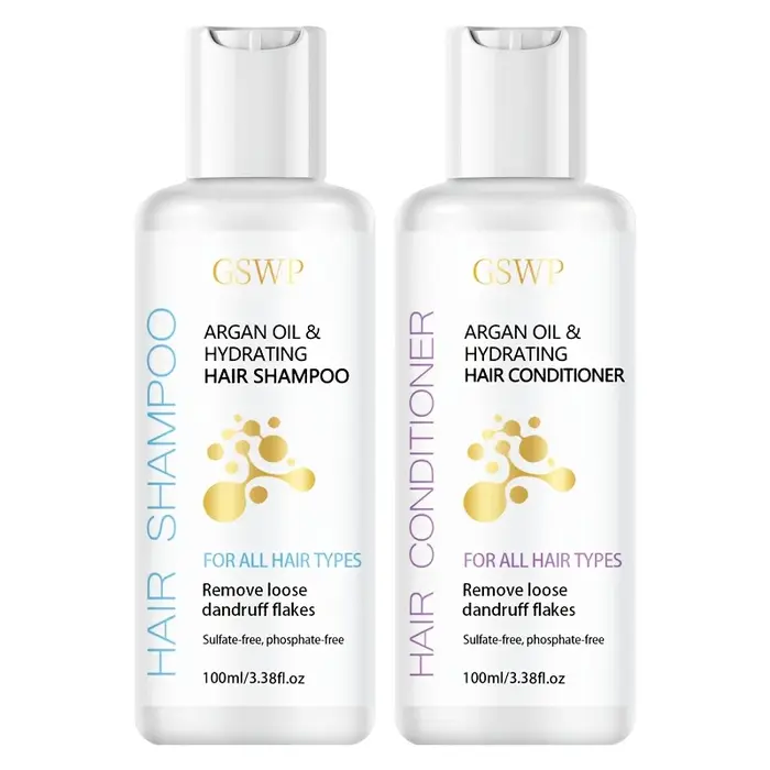 Ensemble shampoing et après-shampoing hydratant à l'huile d'argan GSWP. Hydratation intense, mousse