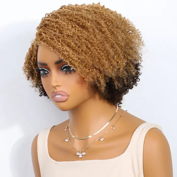 Perruques Lekker Blonde 100% Cheveux Humains Longs Afro Kinky Bouclés avec Raie Latérale en Dentelle Bob pour Femmes
